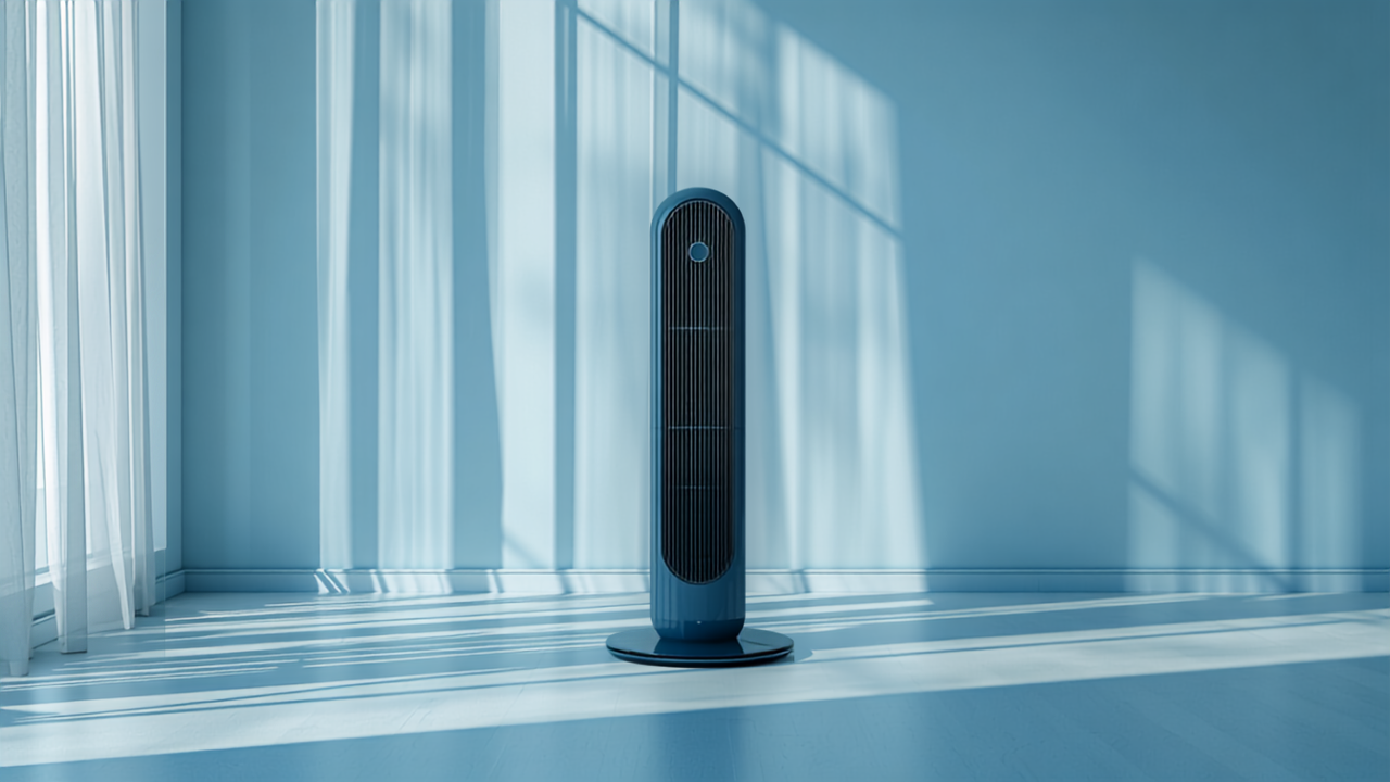 Ventilateur colonne élégant dans un salon lumineux